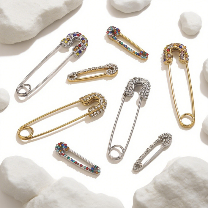 Stainless Steel Multicolor Rhinestone Pin-Style Openable European and American Style Metal Brooch Clothing Accessories DIY Jewelry Wholesale
