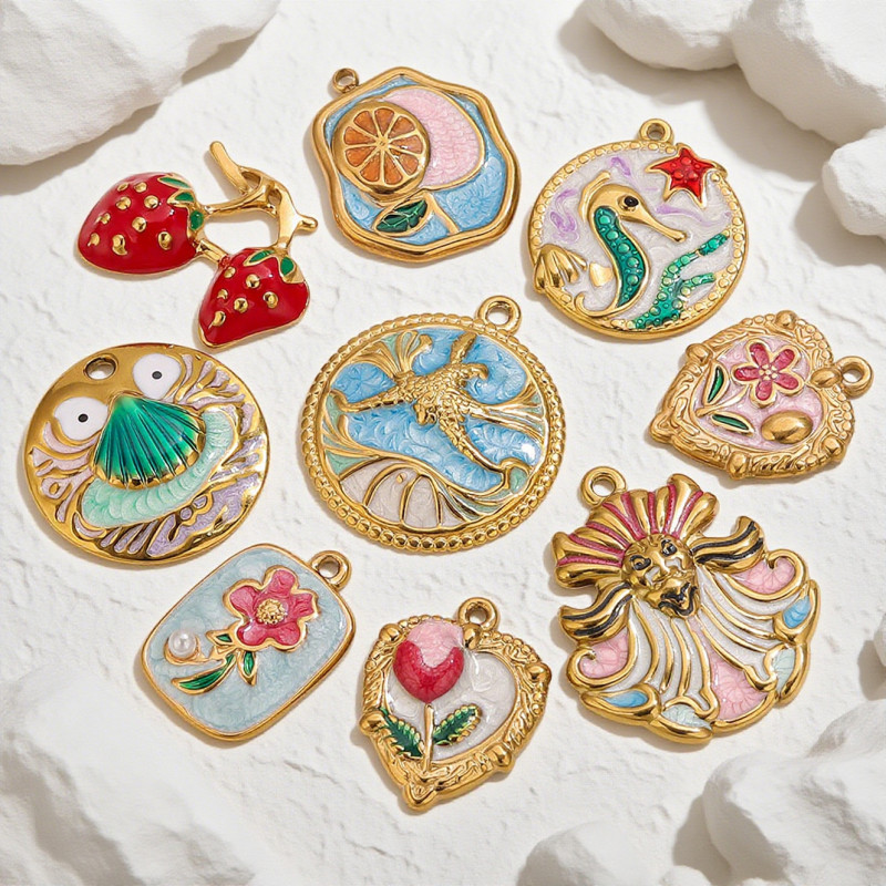 Vintage Light Luxury Enamel DIY Earrings Necklace Pendant Oil Painting Flowers Monet Garden Stainless Steel Oil Drop Accessories