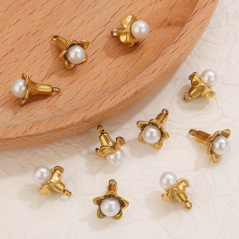 Stainless Steel Small Flower Pendant with Pearl Inlay Badminton Pendant DIY Jewelry Pendant Earring Accessories Wholesale
