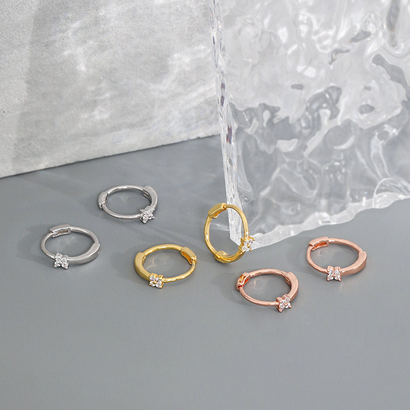 Ear Bone Stud Silver Jewelry Exquisite Zircon Ear Clip Korean Simple Ear Hoop Inlaid with Diamond Four-Leaf Clover Circle Style Rose Gold Earrings