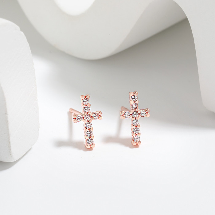 Amazon Hot Sale Live Piercing Earrings Japanese and Korean Fashion Versatile Simple Mini Fully Stone-Set Cross Stud Earr...