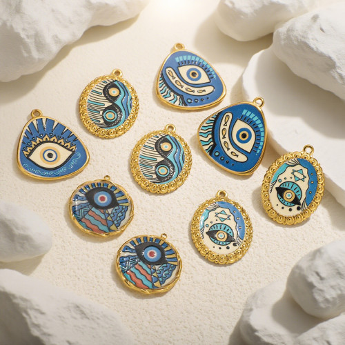 Stainless Steel Irregular Blue Heart Print Eye Flower Enamel DIY Jewelry Accessories Small Pendant Heart Pendant