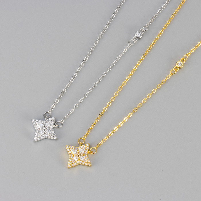 European and American Style Four-Pointed Star Zircon Pendant Necklace for Women, Light Luxury Niche High-End Clavicle Chain, Elegant Versatile Accessory
