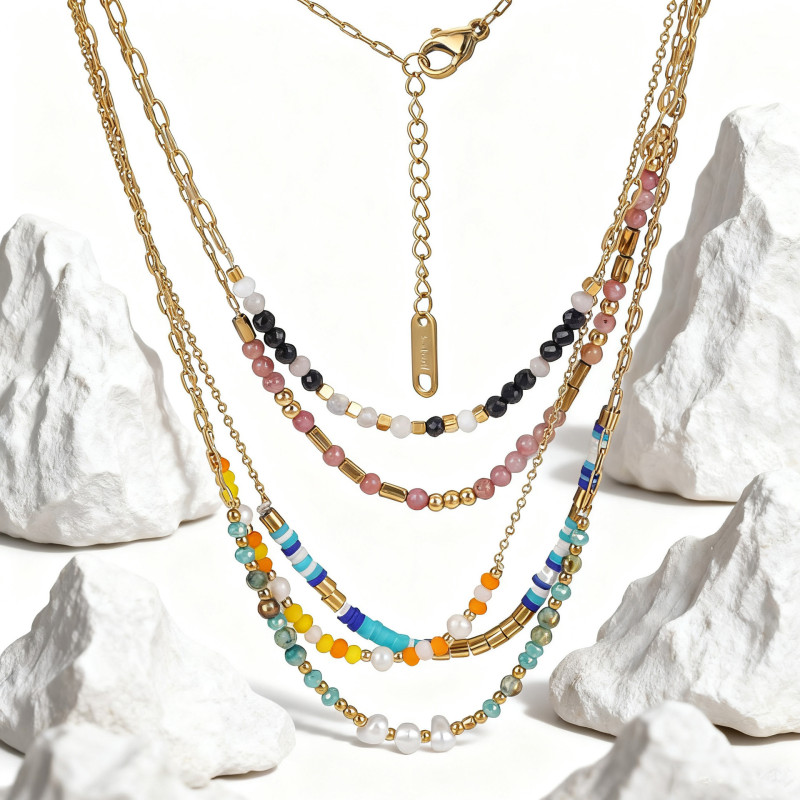 European and American Retro Colorful Bohemian Turquoise Beaded Necklace for Women, Layered Collarbone Chain Jewelry Wholesale