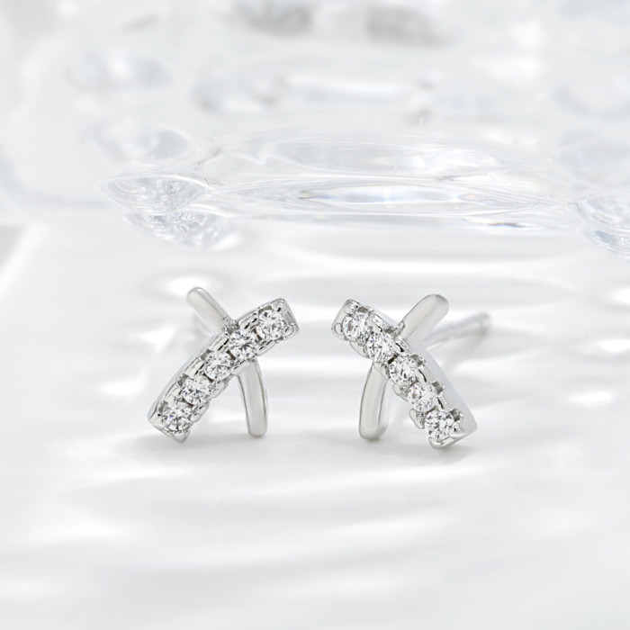 Simple and Delicate Line X Earrings Korean and Japanese Style Inlaid with Stones High-end Personality Minimalist St...