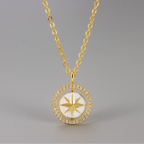 Cross-Border Micro-Inlaid Round Pendant Dynamic Eight-Pointed Star Necklace for Women Oil-Drip Star Niche Design Hip-Hop Sweater Chain Elegant Trendy