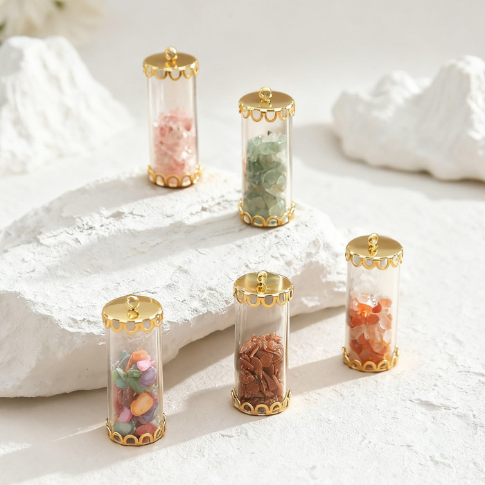 DIY Jewelry Accessories Stainless Steel with Natural Stone Handmade Glass Straight Tube Pendant Glass Bottle Crown Cap Transparent Cover