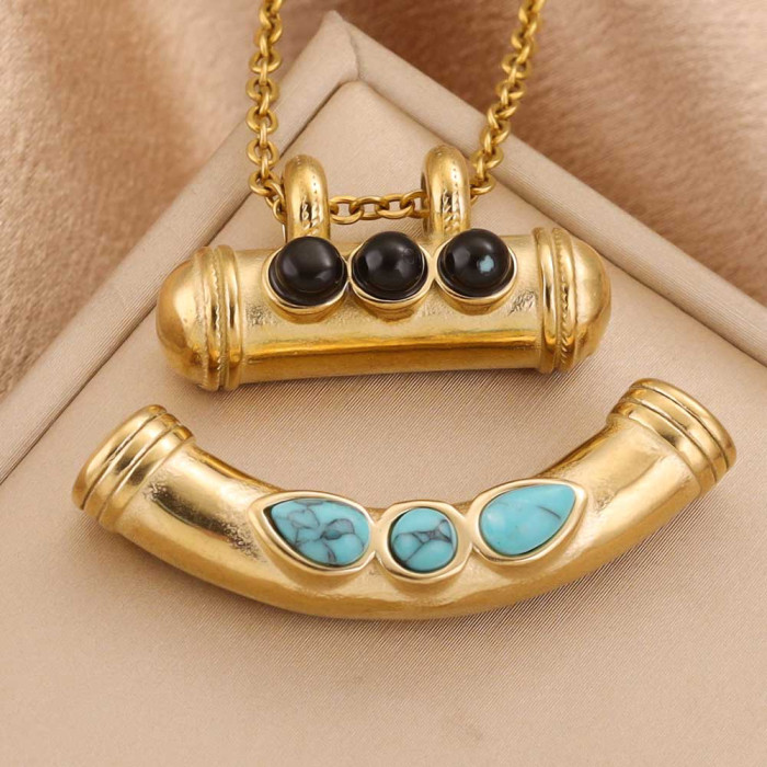 Stainless Steel Oil Drop Natural Stone Tube Bead Pendant Eye Bohemian Style Beaded DIY Necklace Bracelet Pendant