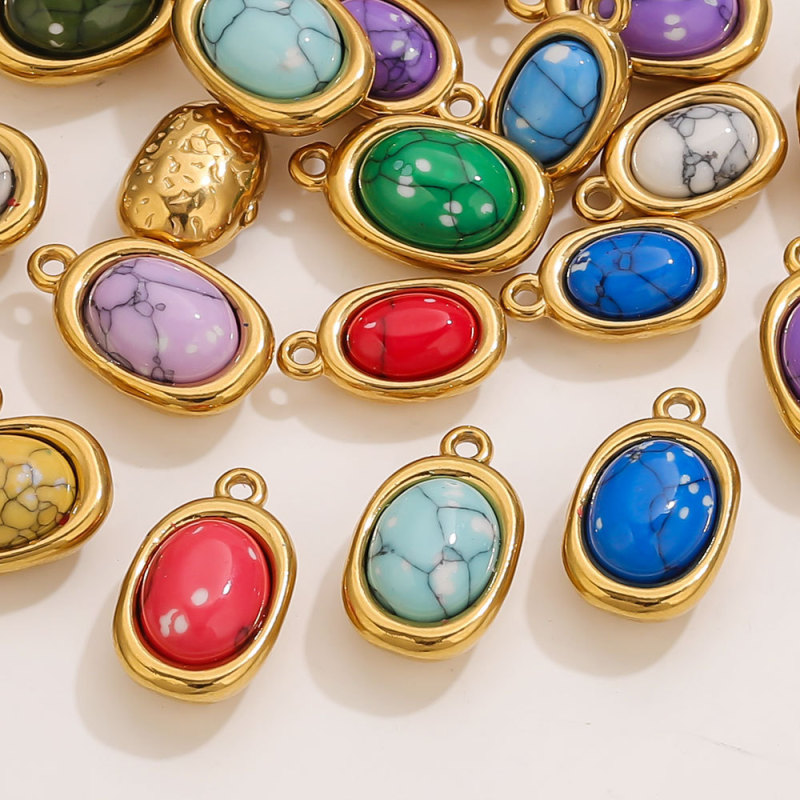 304 Stainless Steel Irregular Size Oval Groove Inlaid Natural Stone Pendant Bohemian Style Handmade DIY