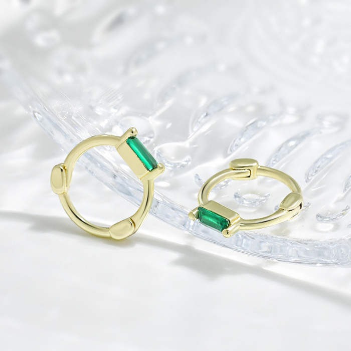 Mini Green Small Square Hoop Earrings French Retro Light Luxury High-end Sense Plain Square Emerald Earrings