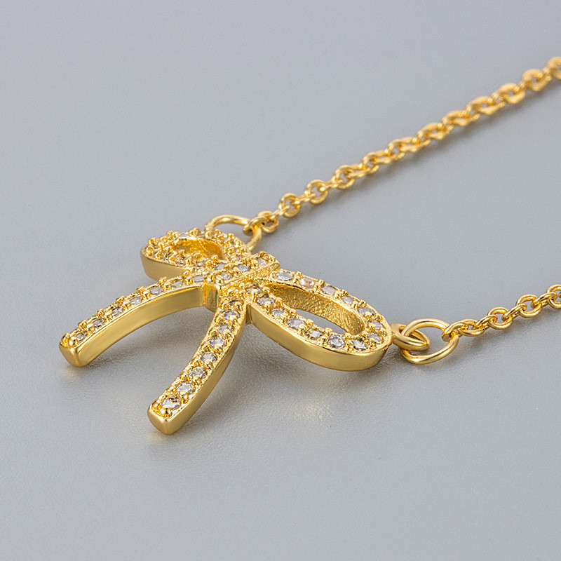 Inlaid Diamond Line Bow Necklace for Women, Korean Style, Elegant Collarbone Chain Necklace Pendant, Fresh and Simple