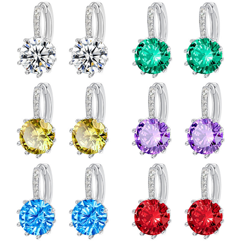 European and American AliExpress Hot Selling Colorful Diamond Earrings for Women, Internet Celebrity High-end Round Colorful Twelve Constellations AAA Zircon Earrings