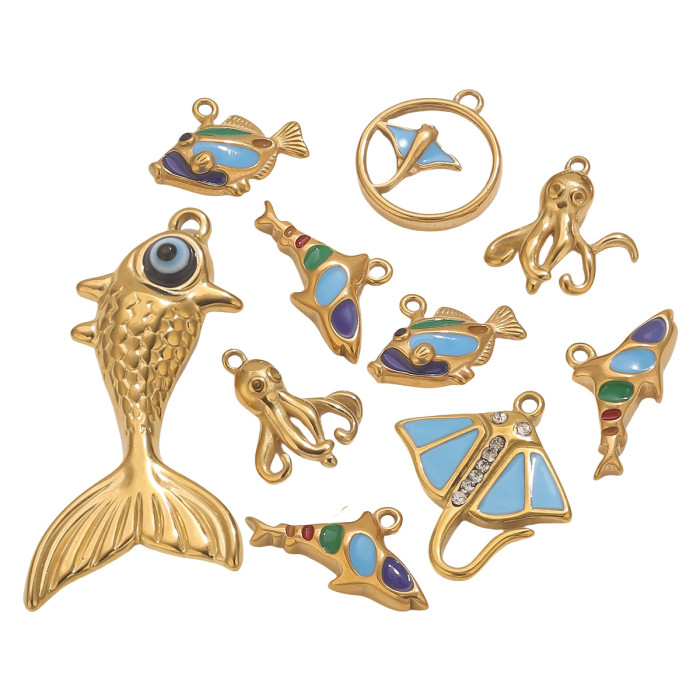 Stainless Steel Ocean Series Fish Pendant Vacuum Gold Plated Octopus Shark Oil Drop Pendant Beach Jewelry Accessories