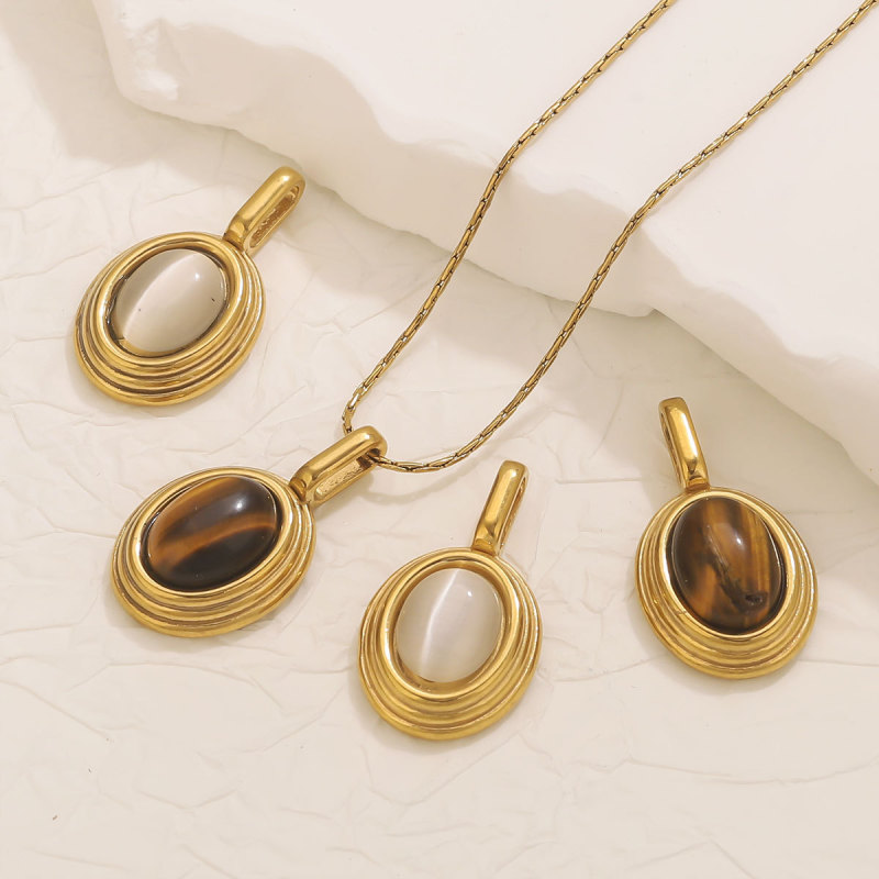 Vintage Style Natural Stone Pendant Stainless Steel Tiger Eye Oval Gemstone Pendant DIY Jewelry Accessories Multiple Colors Available