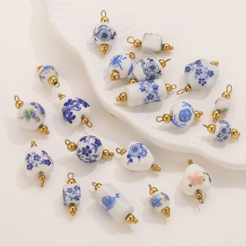 DIY Creative Ceramic Pendant Blue and White Porcelain Stainless Steel Handmade Curved Needle Earrings Hanging Jewelry Accessories