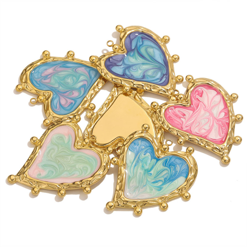 Stainless Steel Gold-Plated Ins Style Oil Drop Gradient Color Heart Peach Heart-Shaped Necklace Pendant DIY Accessories Wholesale