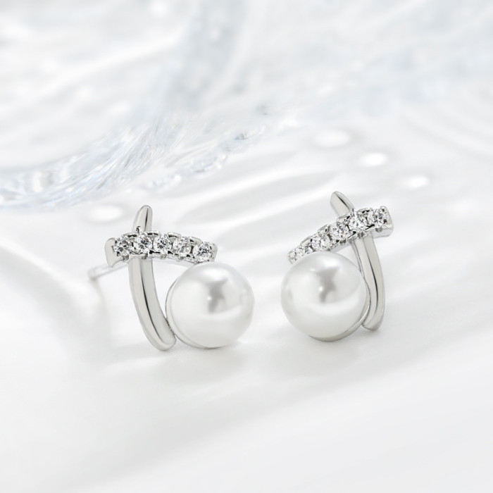 Simple and Delicate Line X Earrings Korean and Japanese Style Inlaid with Stones High-end Personality Minimalist St...