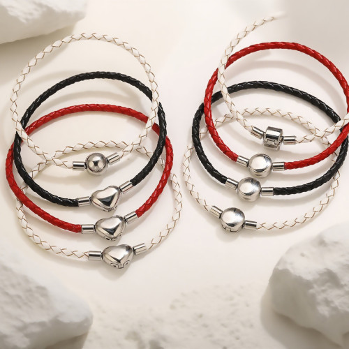 Cross-Border Hot Sale Japanese and Korean Fashion Simple Woven Leather Rope Bracelet Stainless Steel Snap Couple Bracelet Export Jewelry