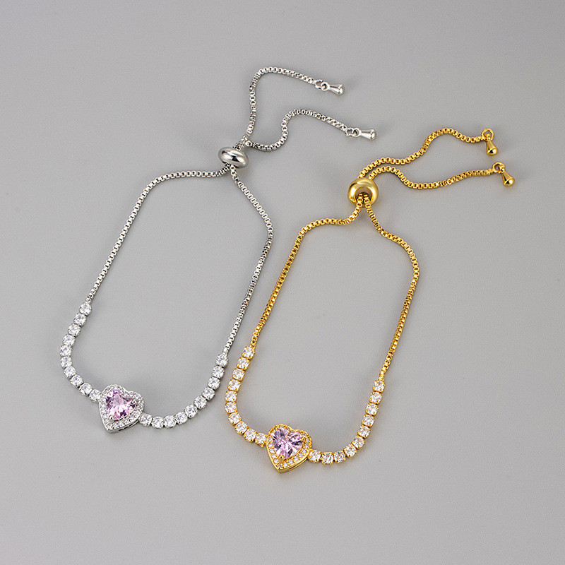 European and American Cross-Border Heart Zircon Pink Adjustable Bracelet Fashion Light Luxury Style Temperament Bracelet Commuting New Hand Jewelry