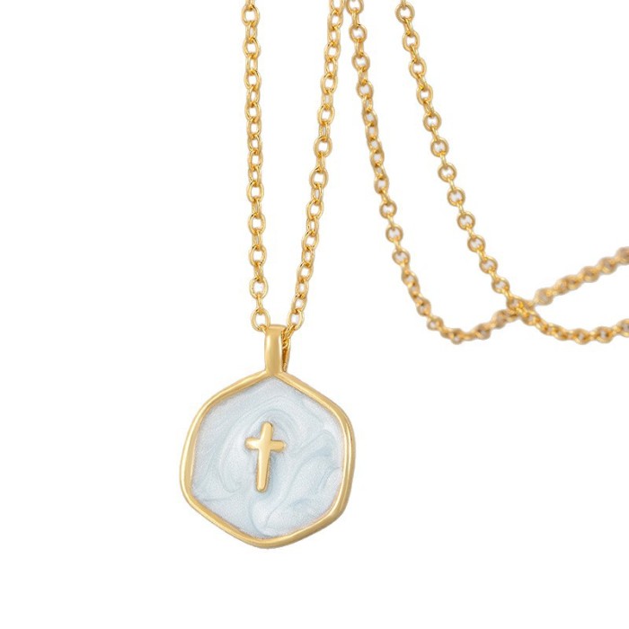 New European and American Cross-Border Colorful Enamel Oil Drop Cross Necklace for Women Simple Niche Versatile Collarbone Chain