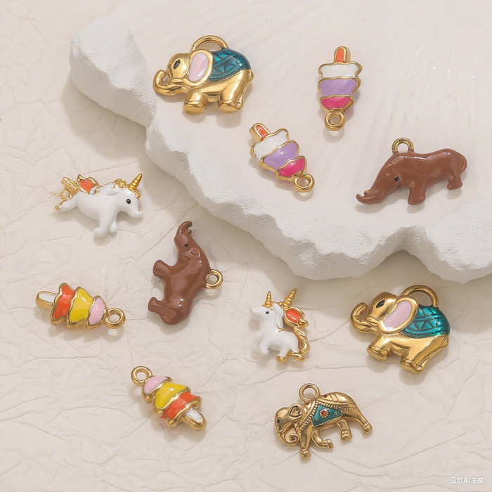 18K Vacuum Plated Stainless Steel Color Retention Elephant Horse Rhino Christmas Number Pendant DIY Jewelry Hanging O...