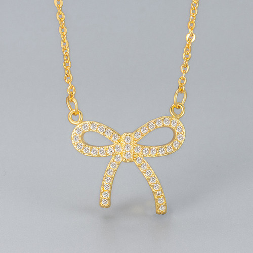 Inlaid Diamond Line Bow Necklace for Women, Korean Style, Elegant Collarbone Chain Necklace Pendant, Fresh and Simple