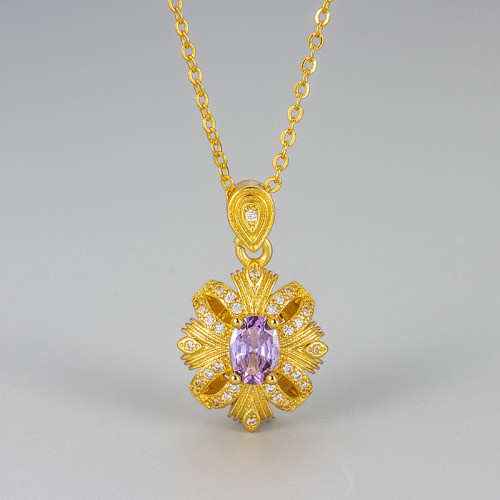 Vintage Purple Plum Blossom Ribbon Pendant Retro Ancient Gold Noble Elegant Purple Zircon Necklace Elegant Fashion Jewelry