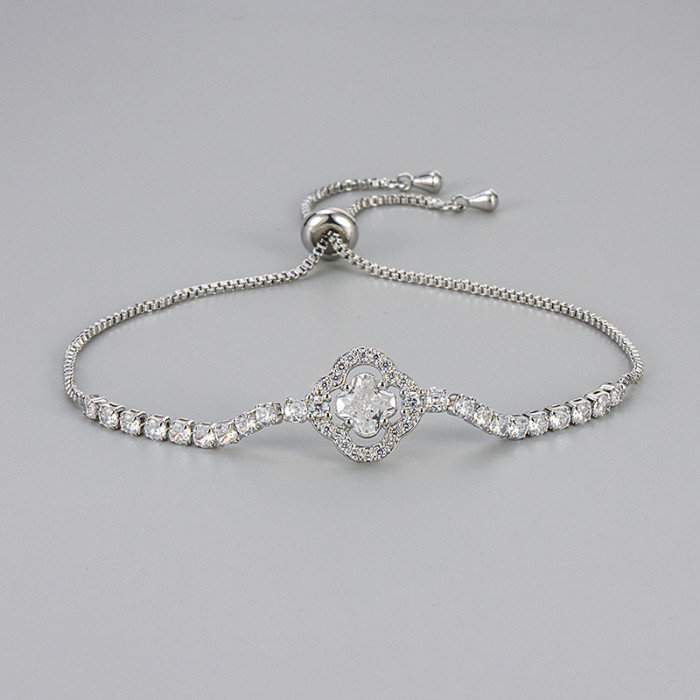 Hot-Selling Niche Design Four-Leaf Flower Zircon Bracelet Small Versatile Exquisite Pull Chain Fully Stone-Set Chain, Ne...