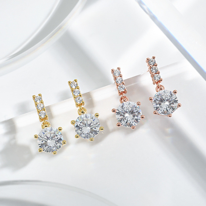 Japanese and Korean Style Full Diamond Tassel Earrings for Women Versatile Simple Double Layer Six Claw Setting 3A Zircon Single Diamond Stud Earrings