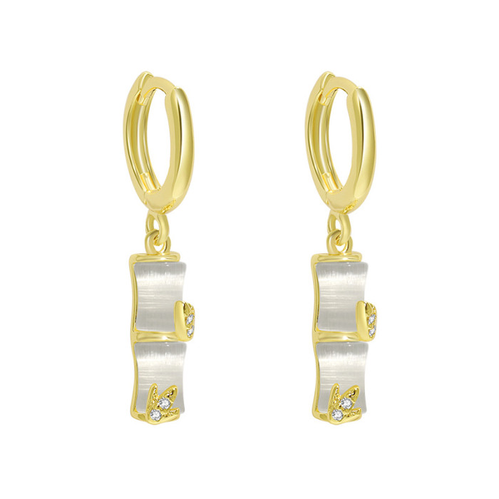 18K Gold Cat's Eye Stone Fashion Bamboo Earrings National Trend Retro High-Quality Long Bamboo Earrings