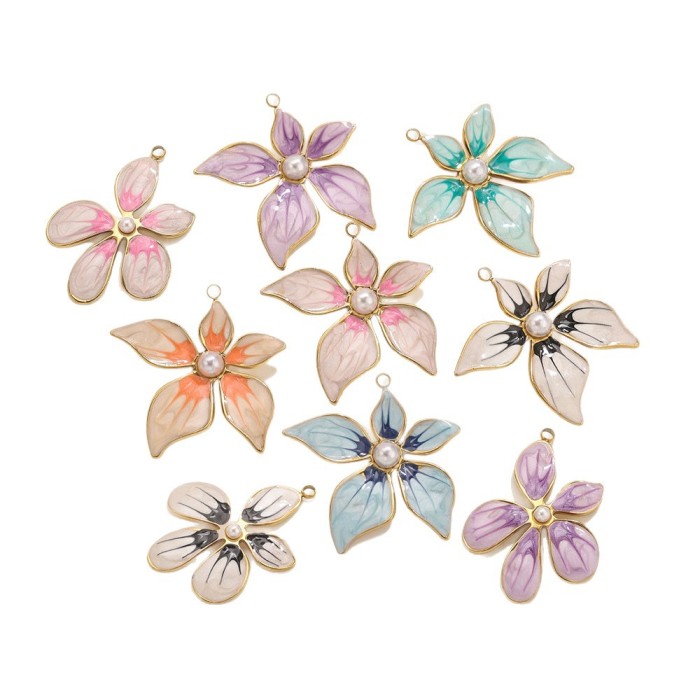 Colorful Oil Drop Flower Pearl Pendant Stainless Steel Edge Petal Hanging DIY Bracelet Necklace Earring Jewelry Accessories