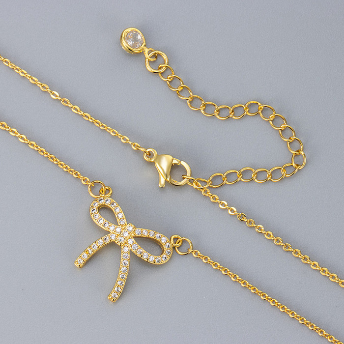Inlaid Diamond Line Bow Necklace for Women, Korean Style, Elegant Collarbone Chain Necklace Pendant, Fresh and Simple