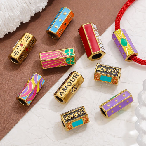 Cross-Border New Stainless Steel Casting Hexagonal Colorful Oil Drop Large Hole Long Beads DIY Jewelry Accessories Parts Wholesale