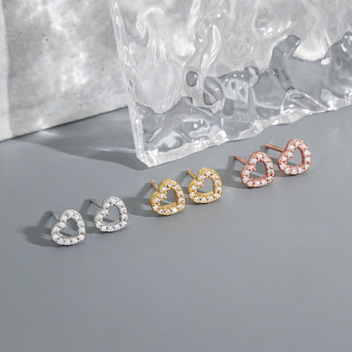 Korean Version 18K Peach Heart Full Diamond Micro Inlaid Earrings Fashion Versatile Heart 3A Zircon Fresh Simple INS Heart-shaped Earrings