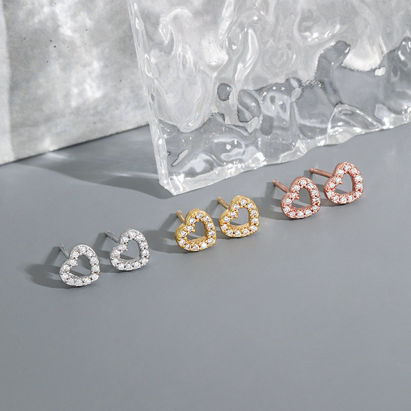 Korean Version 18K Peach Heart Full Diamond Micro Inlaid Earrings Fashion Versatile Heart 3A Zircon Fresh Simple INS Heart-shaped Earrings