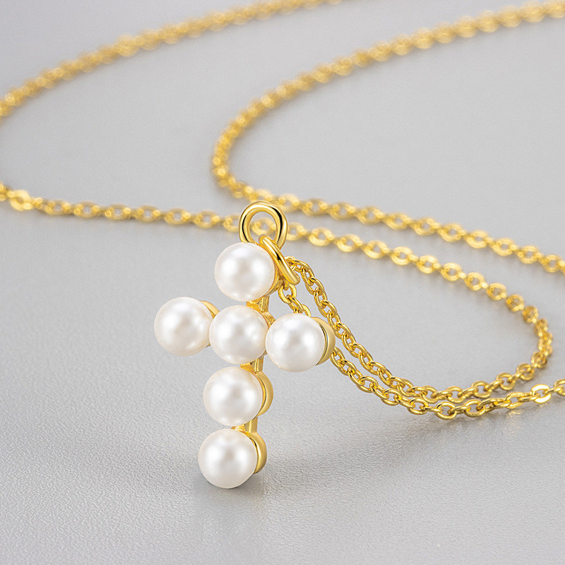 Cross-Border Fashion Pearl Cross Necklace Minimalist Style Women's Elegant Foreign Trade Hot-Selling Summer High-End Clavicle Chain