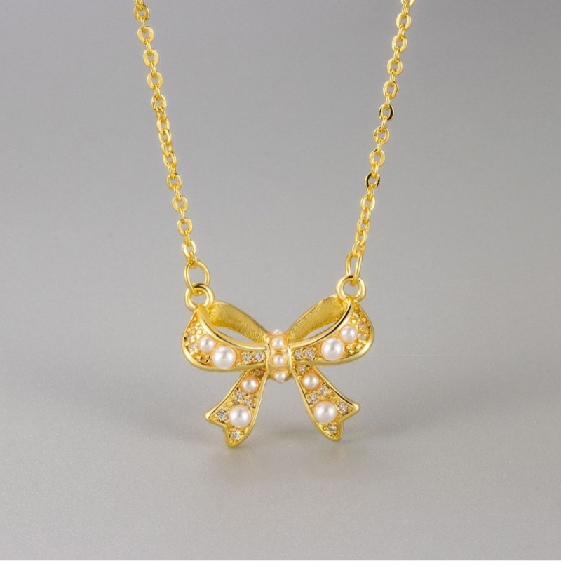 New Zircon Pearl Bow Necklace for Women, Light Luxury Niche Fashion Design Sense Collarbone Chain, Internet Celebrity Versatile Women