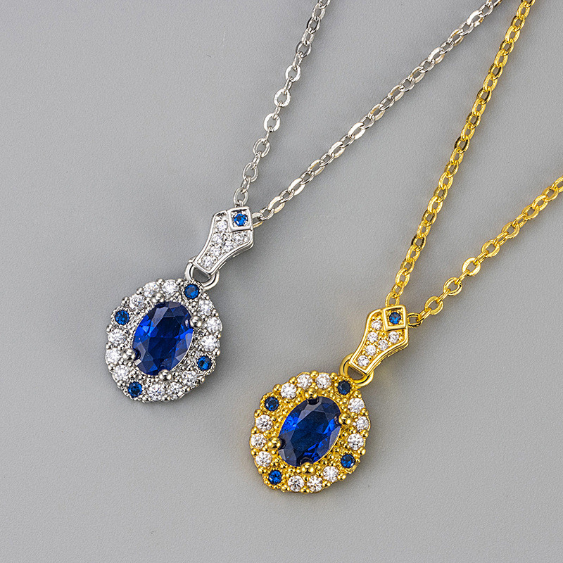 European and American Style Oval Blue Zircon Necklace Elegant Fashionable Light Luxury Women's Collarbone Chain with Exquisite French Design