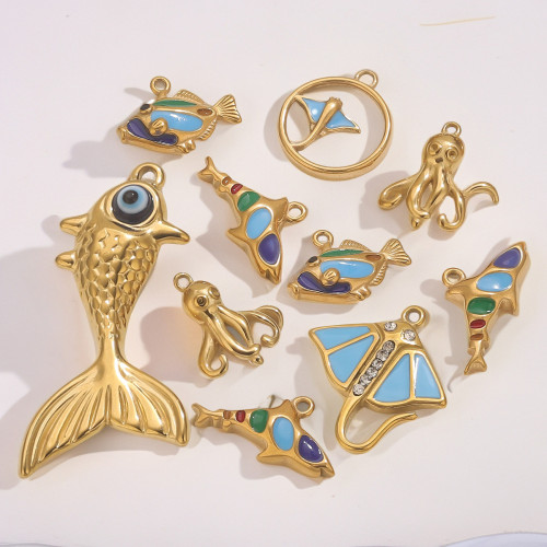 Stainless Steel Ocean Series Fish Pendant Vacuum Gold Plated Octopus Shark Oil Drop Pendant Beach Jewelry Accessories