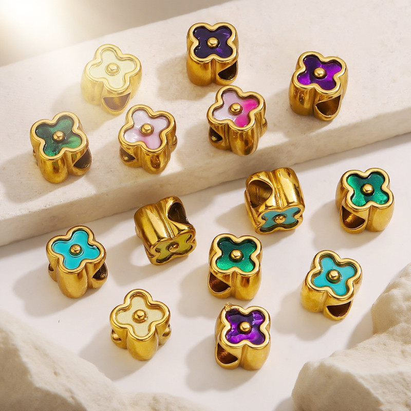 Stainless Steel Vacuum 18k Gold Plated Four-Leaf Clover Large Hole Spacer Beads DIY Cross Flower Shape Beads Loose Beads Jewelry Accessories