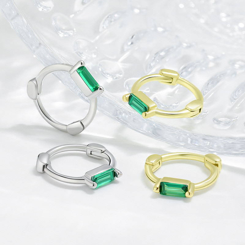 Mini Green Small Square Hoop Earrings French Retro Light Luxury High-end Sense Plain Square Emerald Earrings