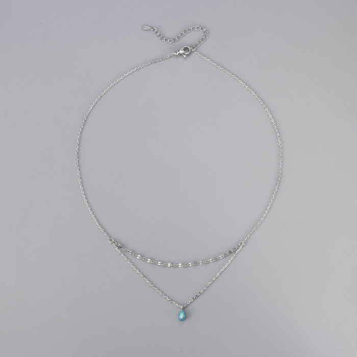 Cross-Border Hot-Selling Women's Petite Blue Tears Double-Layer Chain Blue Topaz Small Water Drop Necklace Opal Blue Sparkling Collarbone Chain Versatile