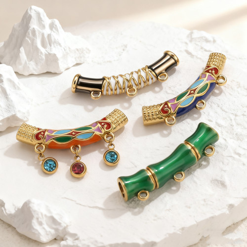 Vintage Ethnic Style Enamel Color Bent Tube Pendant Stainless Steel Bamboo Shape Bracelet Connector Tube DIY Jewelry Accessories