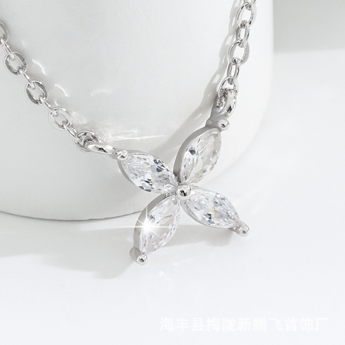 Asymmetric Single Meter Necklace Original Design Layered Style Exquisite Four-Leaf Clover Cross X Letter Meteor Hexagram Necklace
