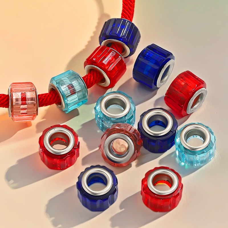 Resin Candy Color Transparent Rhombus Stainless Steel Bracelet Beads Cylinder Large Hole Beads DIY Bracelet Necklace Loose Beads