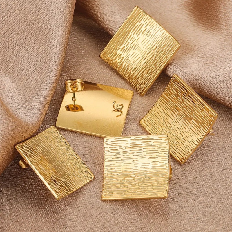 French Style Square Geometric Texture Gold Color European and American Style Fashion Versatile Earrings Personalized Design Elegant DIY Earrings