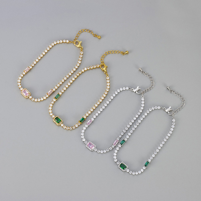 Cross-Border European and American Pink Square Full Diamond Crystal Bracelet for Women, Light Luxury Niche Emerald Exquisite Best Friend Bracelet Manufacturer