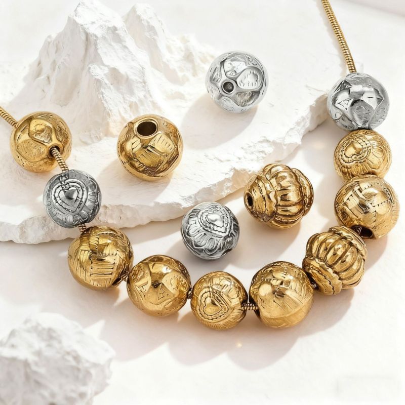 Vintage Metal Carved Round Beads Gold and Silver Pattern Spacer Beads DIY Bracelet Necklace Beaded Jewelry Accessories Wholesale