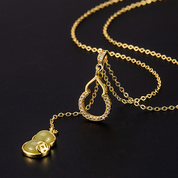2024 New Hetian Jade Gourd New Chinese Style Necklace Pendant Clavicle Chain Niche Neck Chain Women Ancient French Trend Pendant