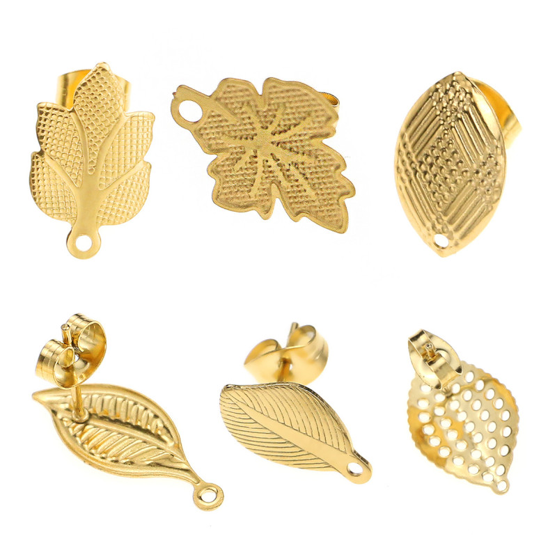 Stainless Steel Earring Accessories Ear Hooks DIY Handmade Leaf Hoop Round Bead Earring Studs Vacuum Gold Plated Earrings
